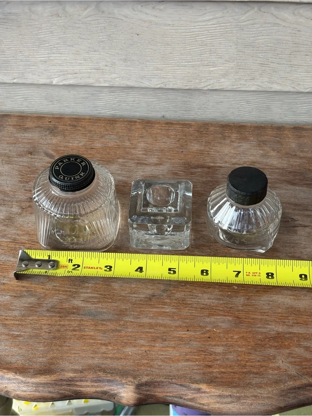 VTG 2 Parker Quink clear glass ink bottles and 1 Art Deco clear glass inkwell